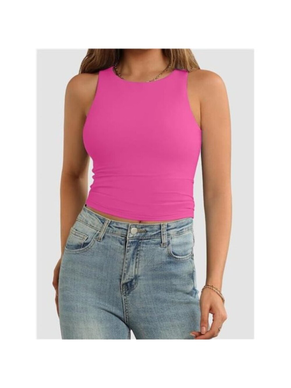 Womens Double Lined Crop Tank Tops Casual Basic Shirts Sleeveless Hot Pink - Picture 2 of 6